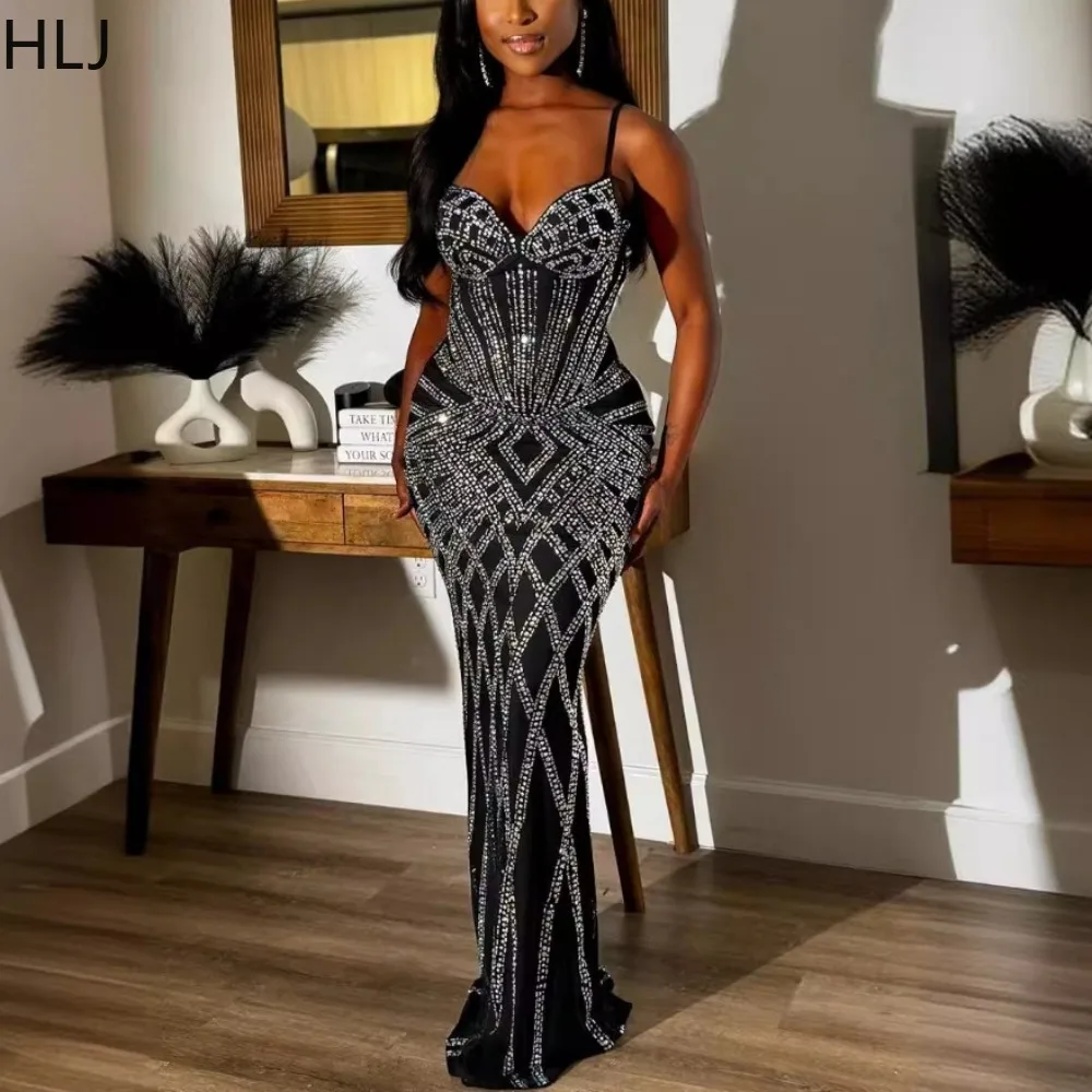 

HLJ Fashion Rhinestone Bodycon Evening Party Suspenders Dress Women V Neck Thin Strap Sleeveless Backless Vestidos Sexy Clothing