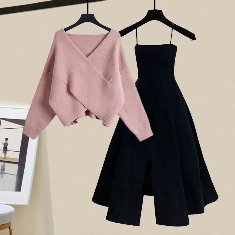 Women\'s Autumn Winter Korean New Camisole Dress Fashion Sweet Spicy Style Upscale Temperament Sweater Camisole Skirt 2-piece Set