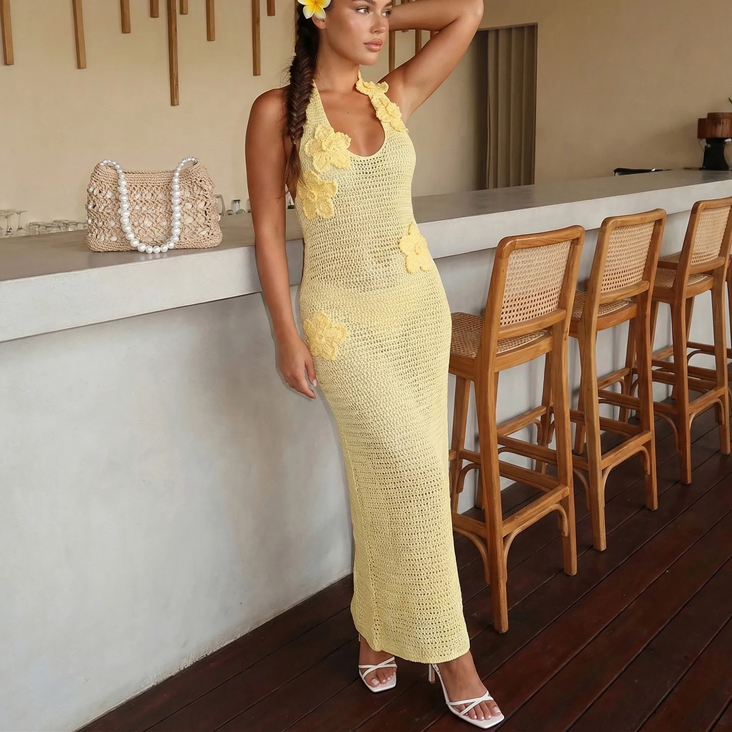 Hirigin Sexy femmes licou cou robe en tricot sans manches 3D fleur évider moulante longue robe vacances plage robe d'été