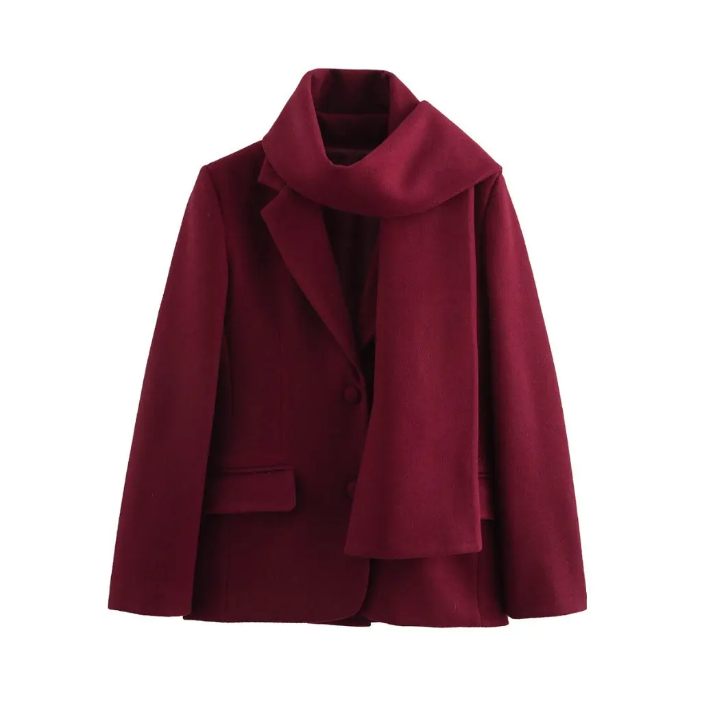 

European And American Fashion Long Sleeve Suit Woolen Coat with Scarf Spring New Women's Outerwear B69212