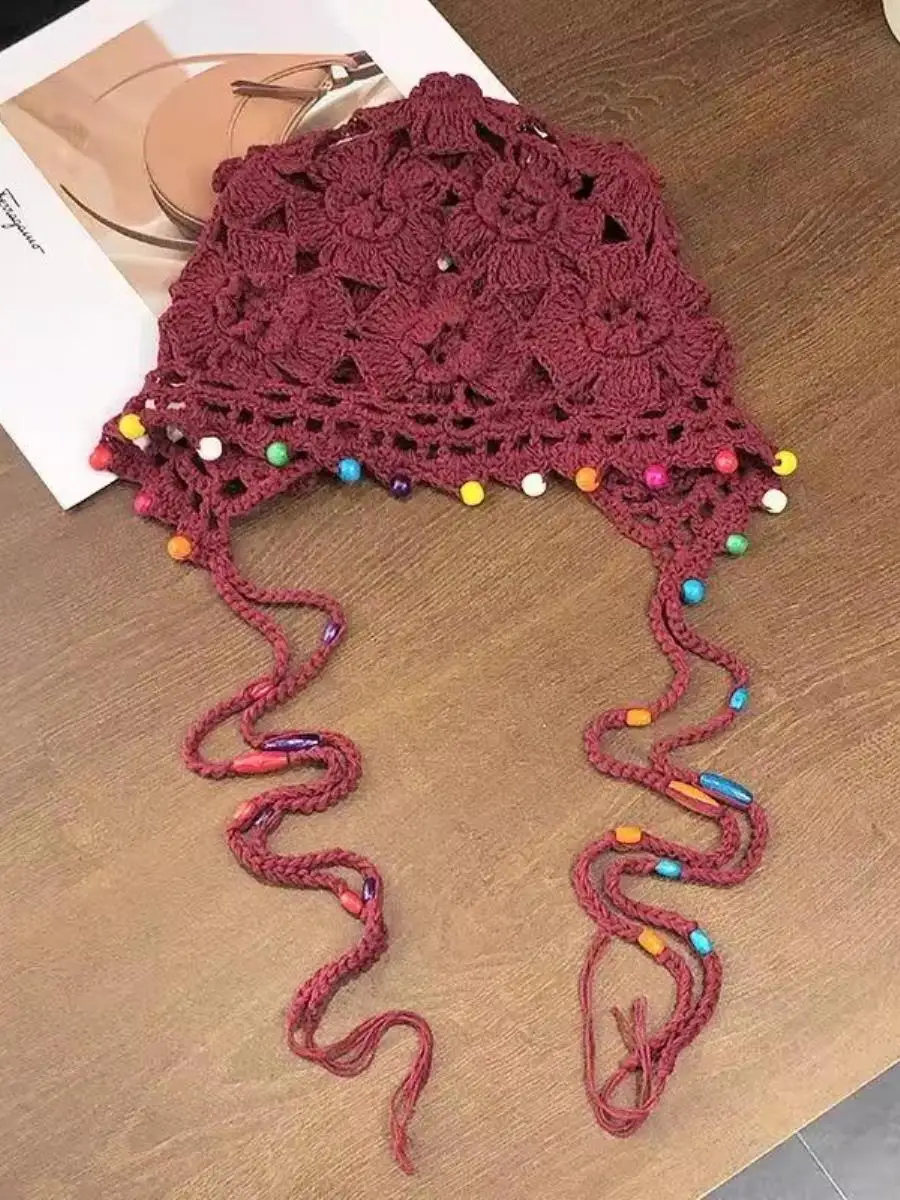 hand-knitted-flower-tassel-hat-women's-vintage-hollow-ethnic-style-overhead-cap-fashion-two-piece-set-headwear-accessories
