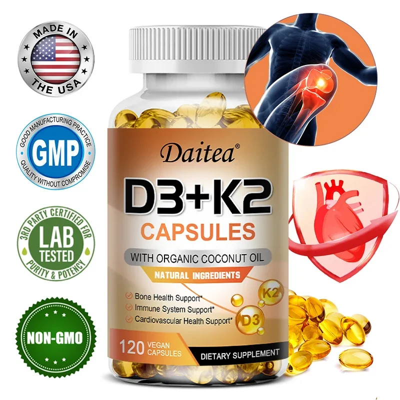 

Vitamin D3 + K2, D and K Vitamins To Promote Calcium Absorption and Support A Healthy Cardiovascular System and Arteries