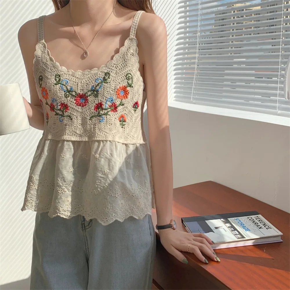 Cotton Embroidered Hollow Knit Top New Embroidered Summer Sleeveless Top Bohemian Sleeveless Knitted Tops Woman