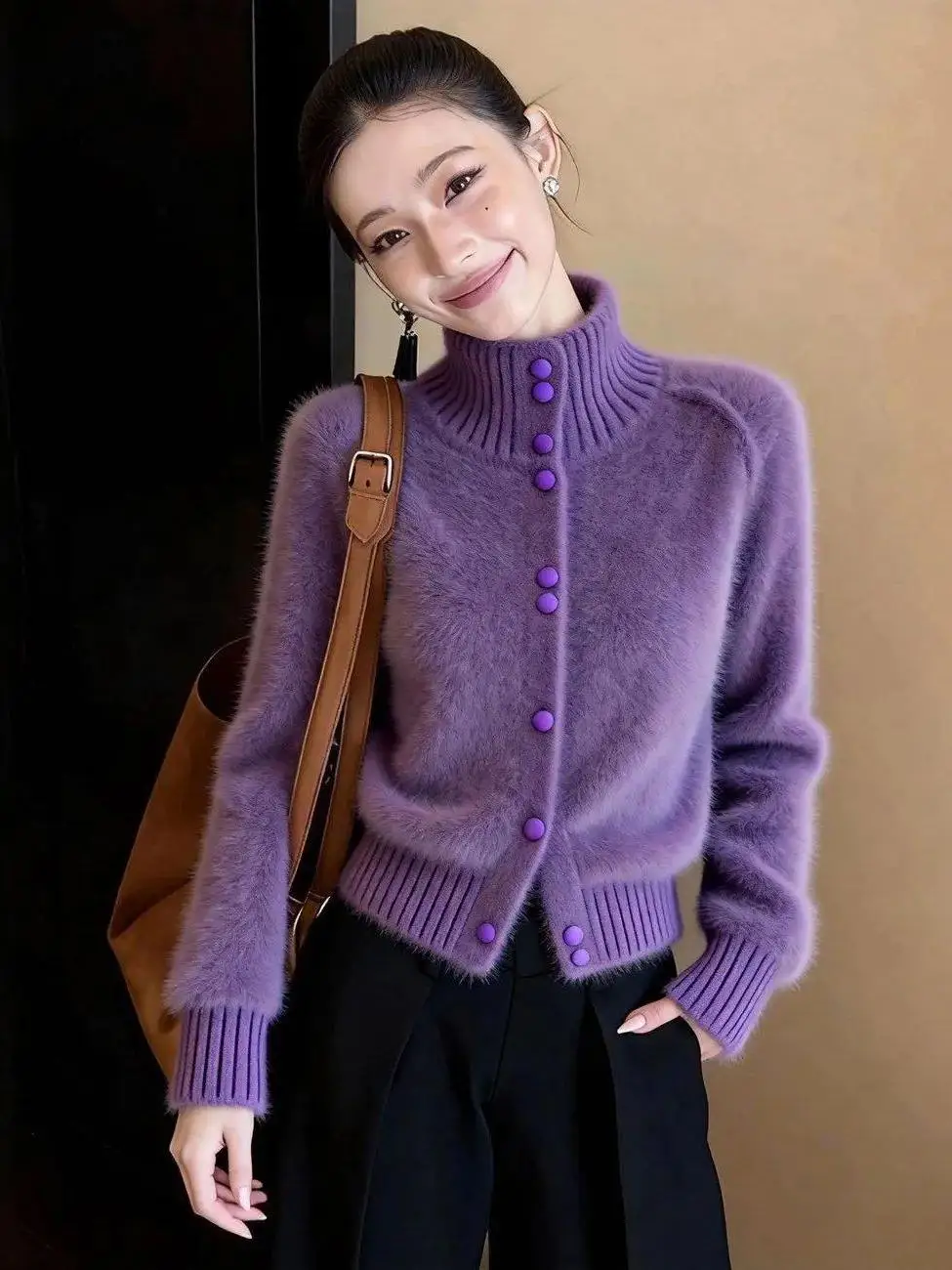 Hong Kong Style Fashionable Long Sleeve High Collar Single Button Sweater Cardigan Autumn Winter New All Match  Fur Coat