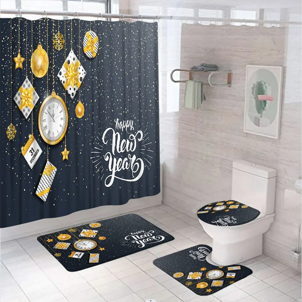 4Pcs Red Shower Curtain Set Colorful Christmas Ball Snowflakes Non-Slip Rug Toilet Lid Cover Bath Mat Xmas Bathroom Decor Screen