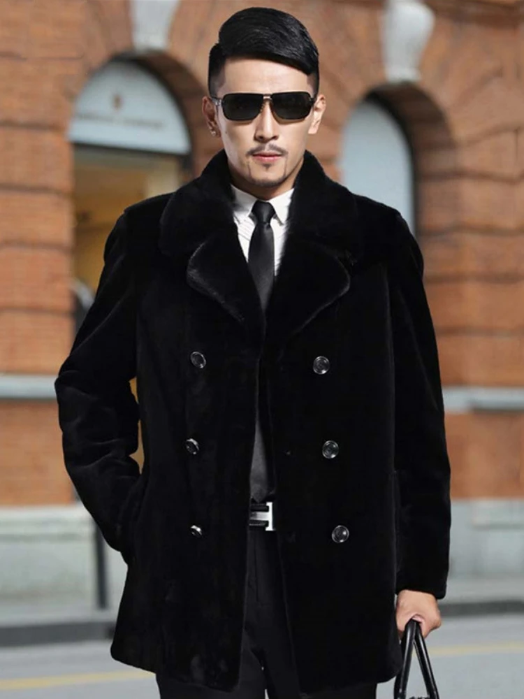 Winter Faux Fur Coat Men Thick Warm Windbreaker Long Sleeve Double-breasted Suit Collar Fur Coat Plus Size Slim Fit Jacket