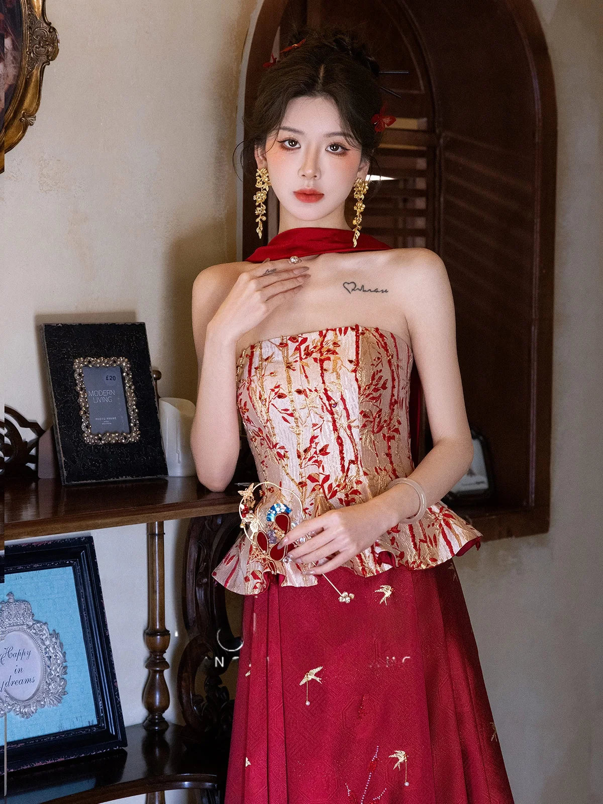 

TingTuo Luxury Chinese Sle Fibone Bustier Midi Skirt Wedding Dr Ele Embroidery High Waist Polyester Blend Skirt