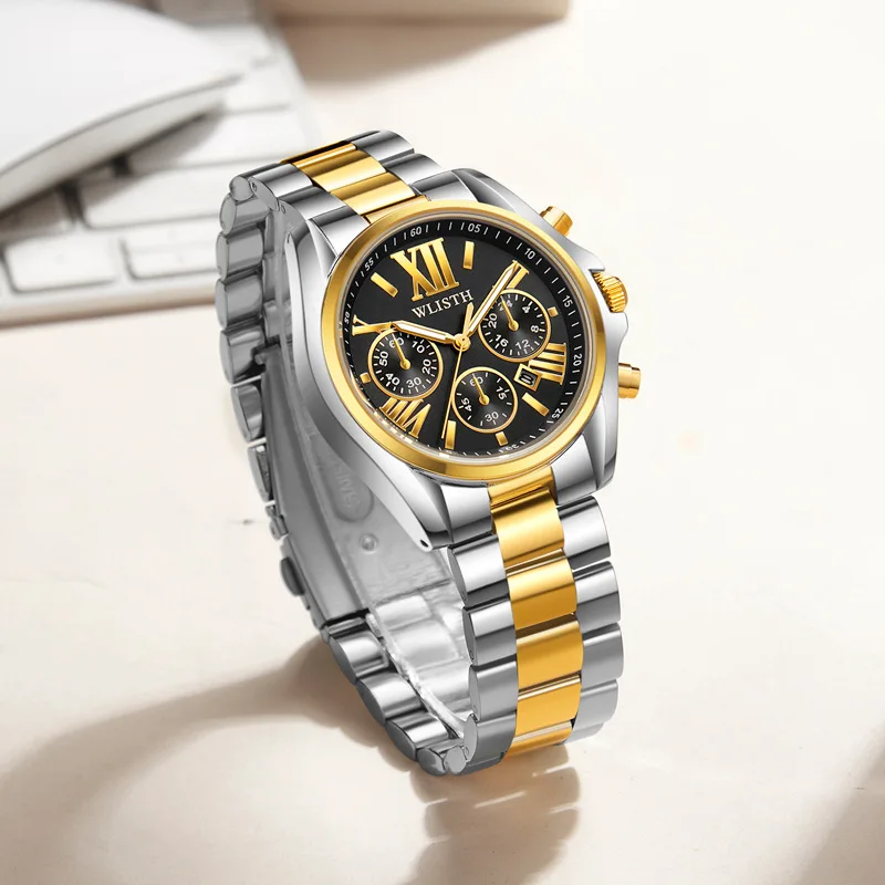 Fashion Wlisth Top Brand Mens & Ladies Loves Gold Full Stainless Steel Calendar Date Clock Luxury Waterproof Business Wristwatch