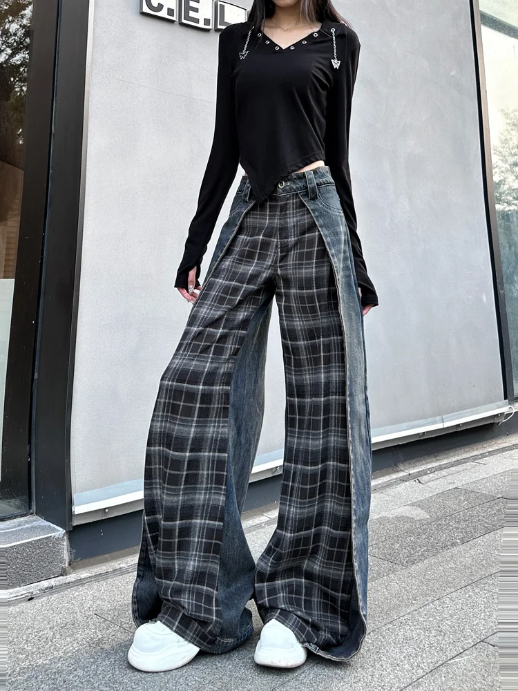 

American style retro checkered contrasting jeans 2025 new style early spring loose cut high street fashion wide leg pants
