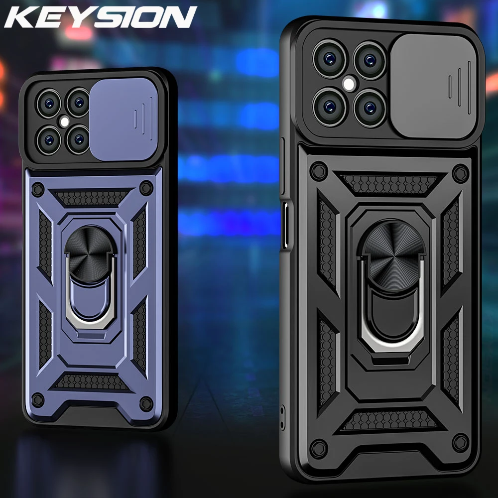 KEYSION Shockproof Case for HONOR X8 Push Pull Camera Protection Ring Stand Phone Cover Back for Huawei P40 P30 Lite Nova 7i Y60