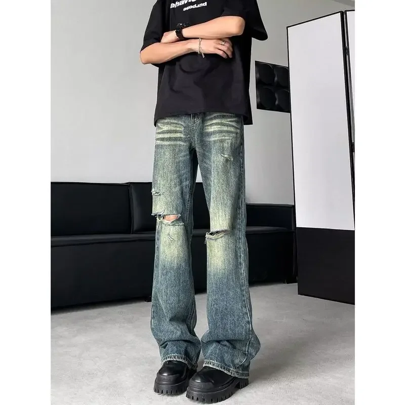 Juspinice Summer Hole Washed Jeans Men Harajuku High Street Baggy Wide Leg Straight Denim Pants Gothic Distressed Jean Trousers