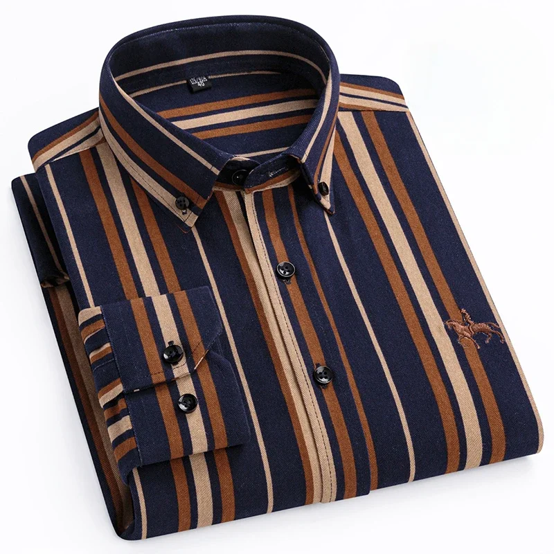 Plus size 6XL 100%cotton korean fashion long-sleeve men shirt slim fit formal plain striped houndstooth plaid cloth shirt men