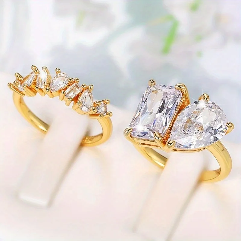 2pcs Dupes Luxury Promise Rings Inlaid Waterish Zircon In Teardrop Shape & Rectangular Shape Engagement Jewelry For Brides