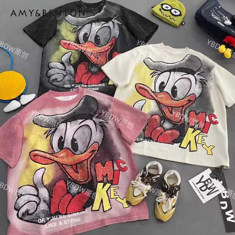 

2025 Autumn New Heavy Industry Cartoon Y2k Tees Fashion Medium And Long Average Size Loose Short-sleeved T-shirt Top Pullover