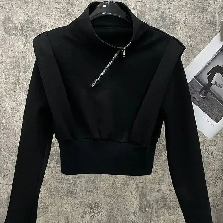 أسود صوف مبطن سستة هوديي المرأة الخريف الشتاء الوقوف طوق البلوز منصات الكتف الكفة المرنة لا الأكمام أخرى