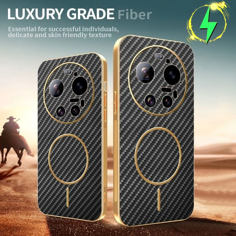 

Luxury Gold Trim Kevlar Magnetic Phone Case for Xiaomi17Ultra Mi17ProMax 15TPro 14 Carbon Fiber for Magsafe Charge Protect Case