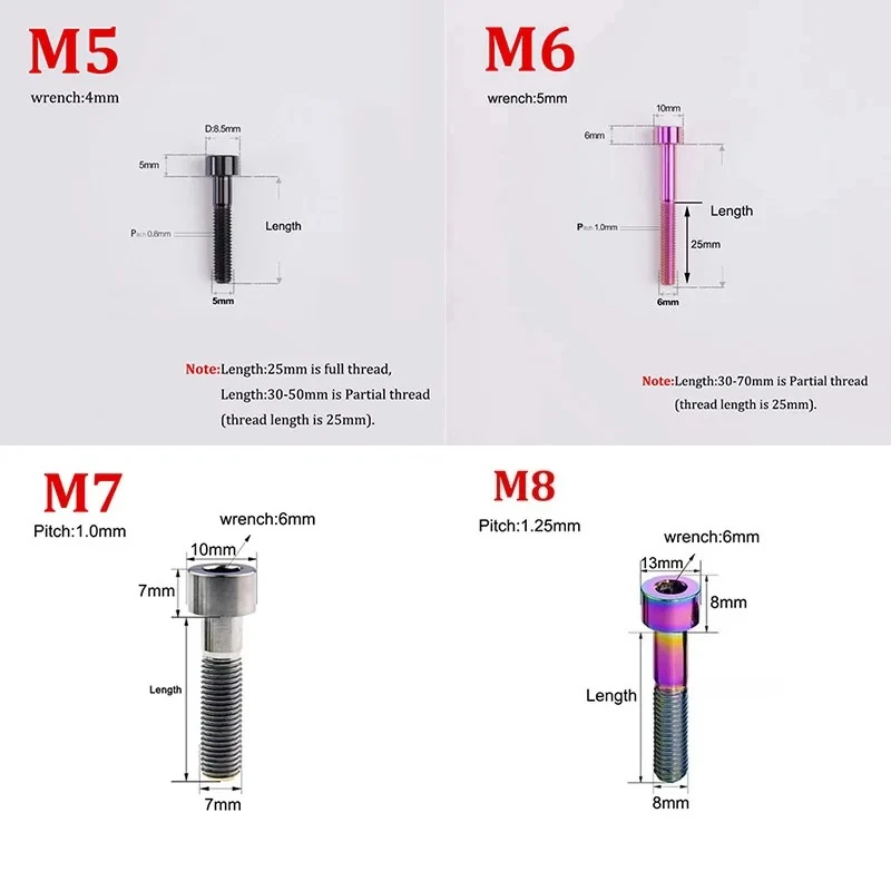 1pc Titanium Ti Bolts M5 M6 M7 M8 x 25 30 35 40 45 50 55 60 65 70mm Hex Key Screw for Bicycle Headset Brake