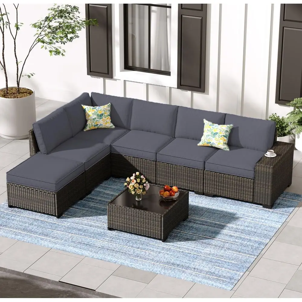

All-Weather Wicker Outdoor Sectional Sofa Set with Cushions, Tempered Glass Table and Ottoman, Grey