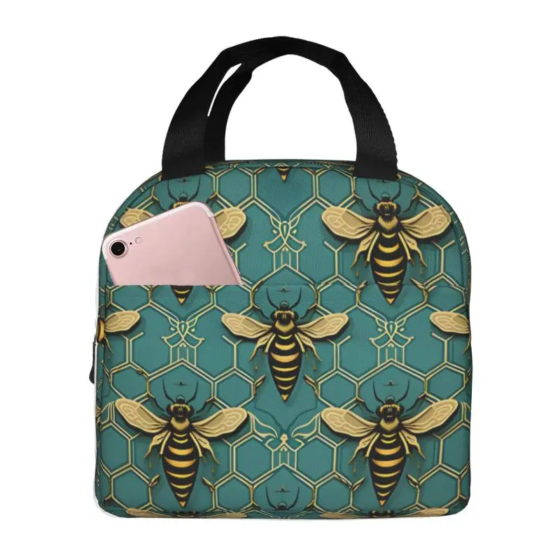 Custom Honeycombs And Bees Lunch Box Women Cooler Thermal Food Insulated Lunch Bag Kids School Children Picnic Tote Bags