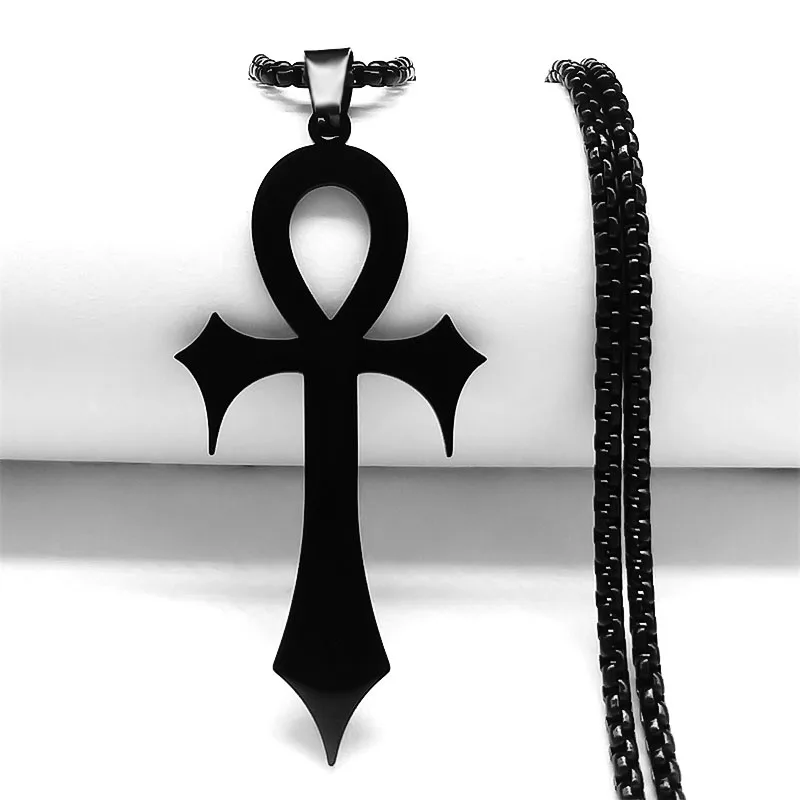Goth Ägyptisches Kreuz Ankh Schlüssel des Lebens Halskette Edelstahl Schwarz Farbe Amulett Religiöse Halsketten Gothic Schmuck Geschenk N8582 – Detail 4