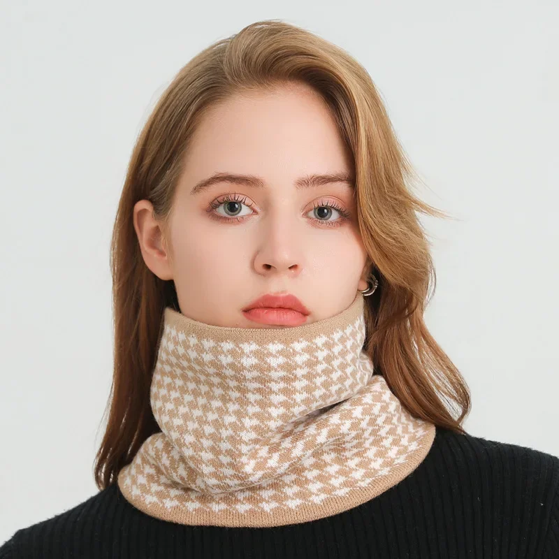 Women Men Soft Knitted Neck Warmer Thousand-bird Check Scarf Face Mask Winter Scarves Skating Warm Wool Fur Thick Men Ring Neck