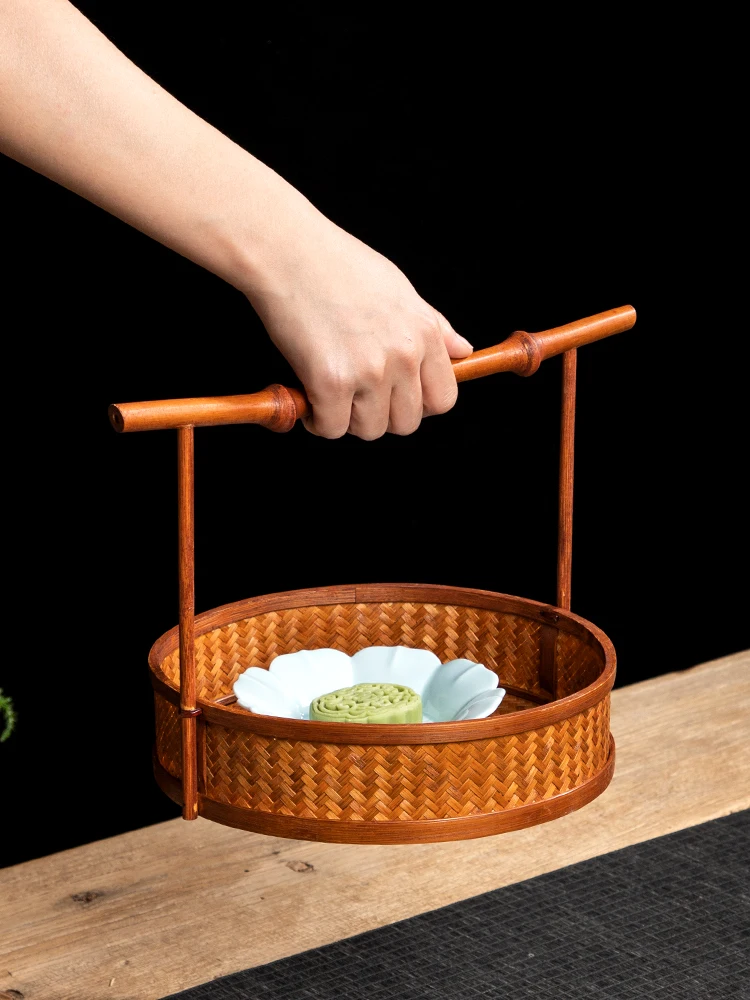 Handmade Bamboo Cabas Ancient Chinese Style Paint Hand-held Box, Tea Set Storage Basket, Household Fruit Pastry Basket