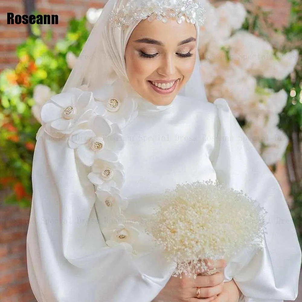 Muslim Fashion 2024 A-line Wedding Dresses Handmade Flower Full Satin Draped Pleat Belt Floor Length Bride Gown robe de mariée