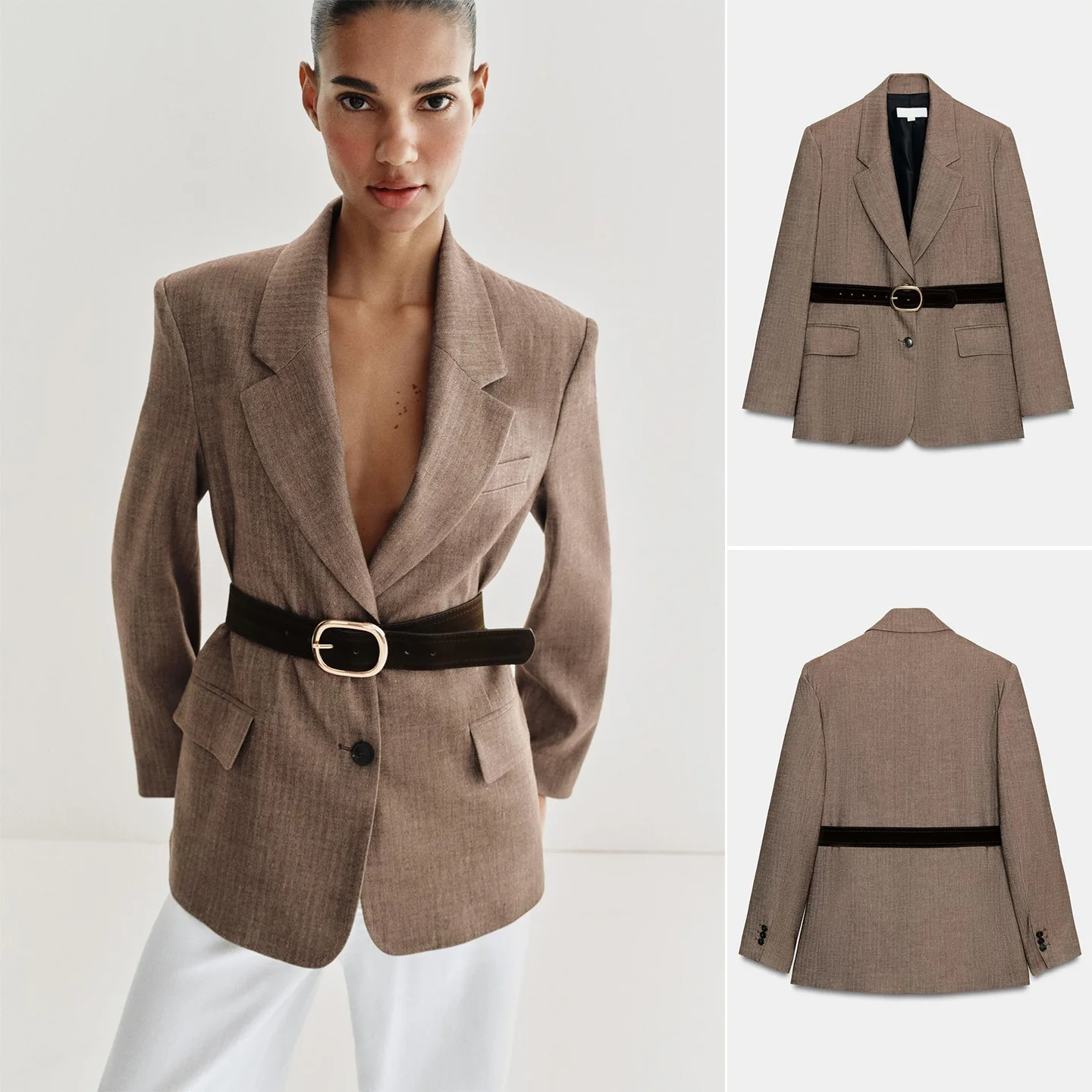 

Spring New Women's Long Sleeve Notch Collar Suit Jacket with Shoulder Pads And Waist Belt Plaid Design Commute Style Slim Fit
