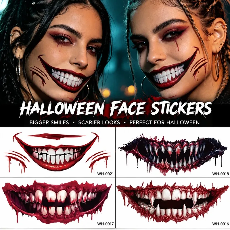 Halloween Terrifying Oversize Mouth Decal Waterproof Facial Transfer European Fright Cosmetic Sticker Masquerade DIY Lip