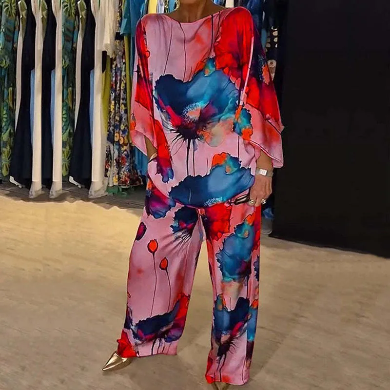 Summer Satin Loose Women Suit Vintage Pattern Printed Commuting 2 Piece Set Casual O-neck Batwing Sleeve Top + Long Pants Outfit