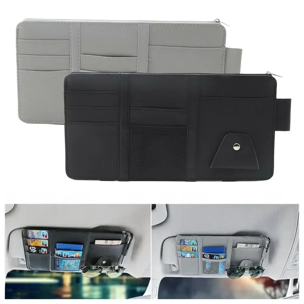 Organizador multifuncional para parasol de coche, gafas de cuero PU, billete con cremallera/tarjeta de visita/bolsa de identificación sin bloqueo de visión para SUV/T B0V2