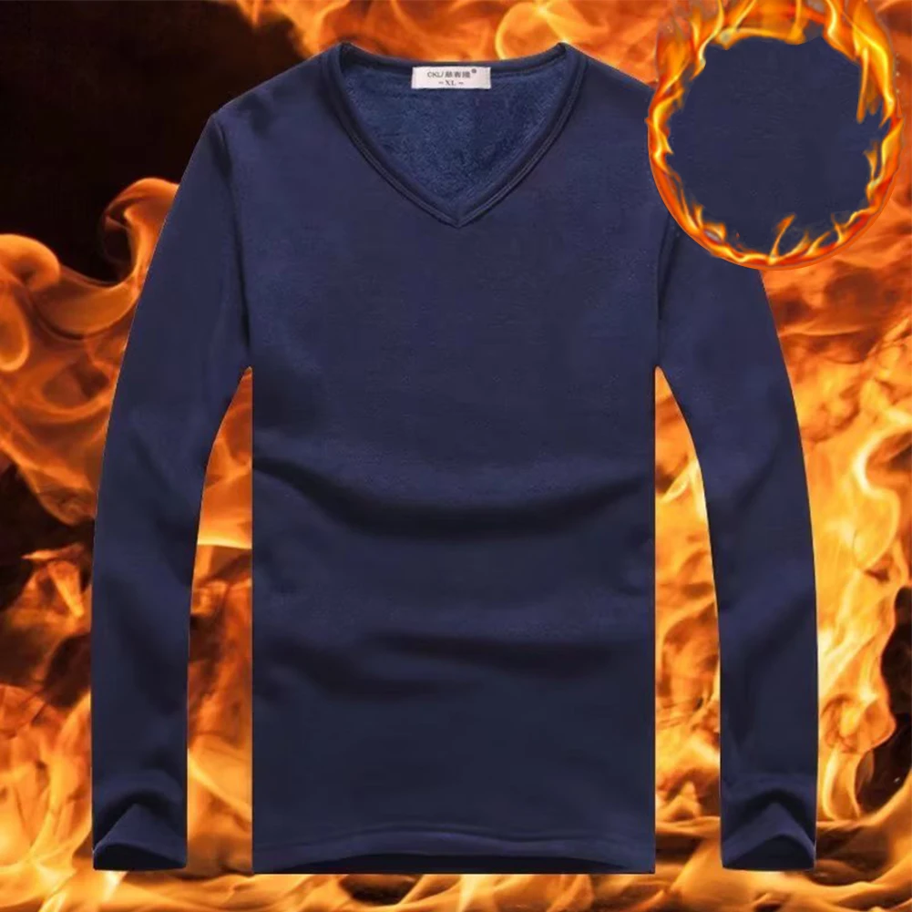 Mens Thermal Warm V Neck Slim Fit T-Shirt Long Sleeve Undershirt Pullover Tops Heated Winter Thermo Underwear Top Tee