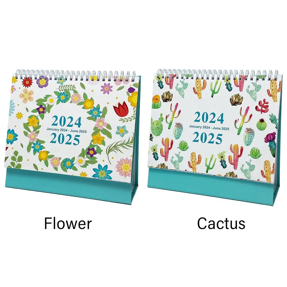 Portable January 2024-June 2025 Desk Calendar Daily Monthly English 2024 Calendar Flower Cactus Pattern Table Planner School