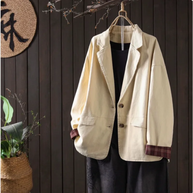 SuperAen 2026 Autumn New Casual Loose-Fitting Retro Turn-down Collar Washed Cotton Long-sleeved Coat for Women Simple Jackets