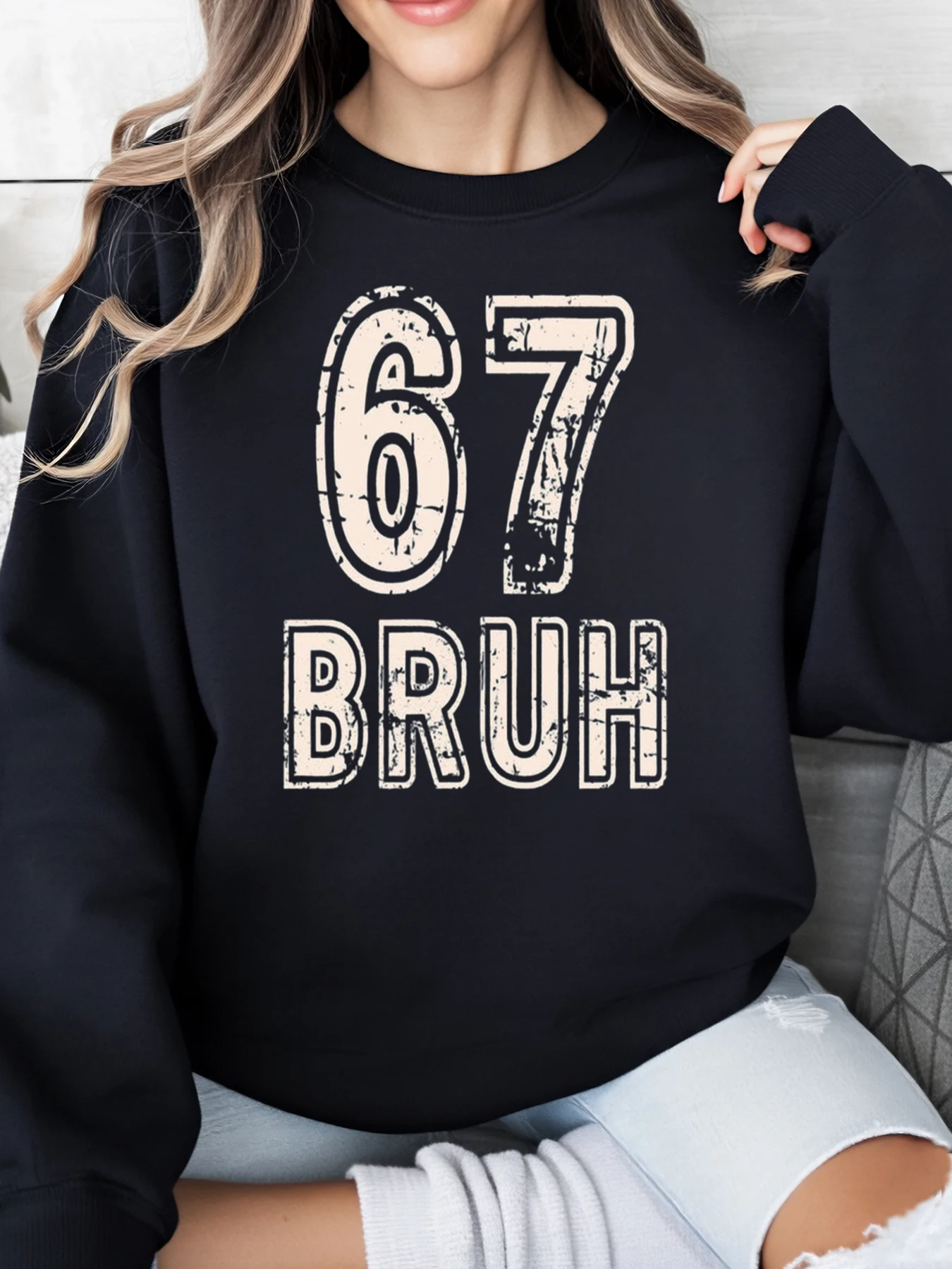 

67 Толстовка с принтом Bruh, подарок на день рождения, повседневная одежда унисекс, черная, больших размеров