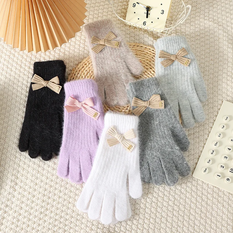 Premium Korean Style Cute Bow Rabbit Hair Soft Knitted Gloves for Women Winter Warm Touch Screen Compatible Cold Weather