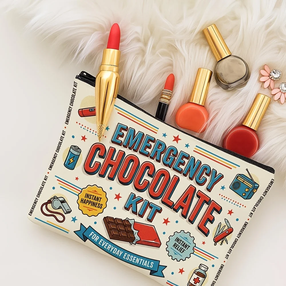 Retro Emergency Chocolate Kit Print Zipper Pouch Funny Chocolate Lover Cosmetic Makeup Bag Travel Storage Pouch Gift