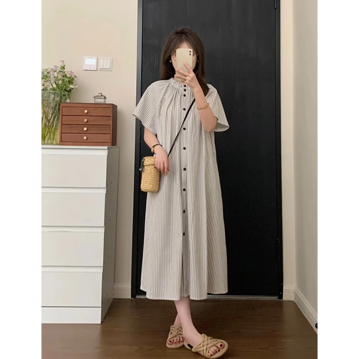 Woman Striped Dress Loose Casual Pregnancy Clothes 2026 Summer Maternity Holiday Dress Short Sleeve O-neck Button Fly Pregnant