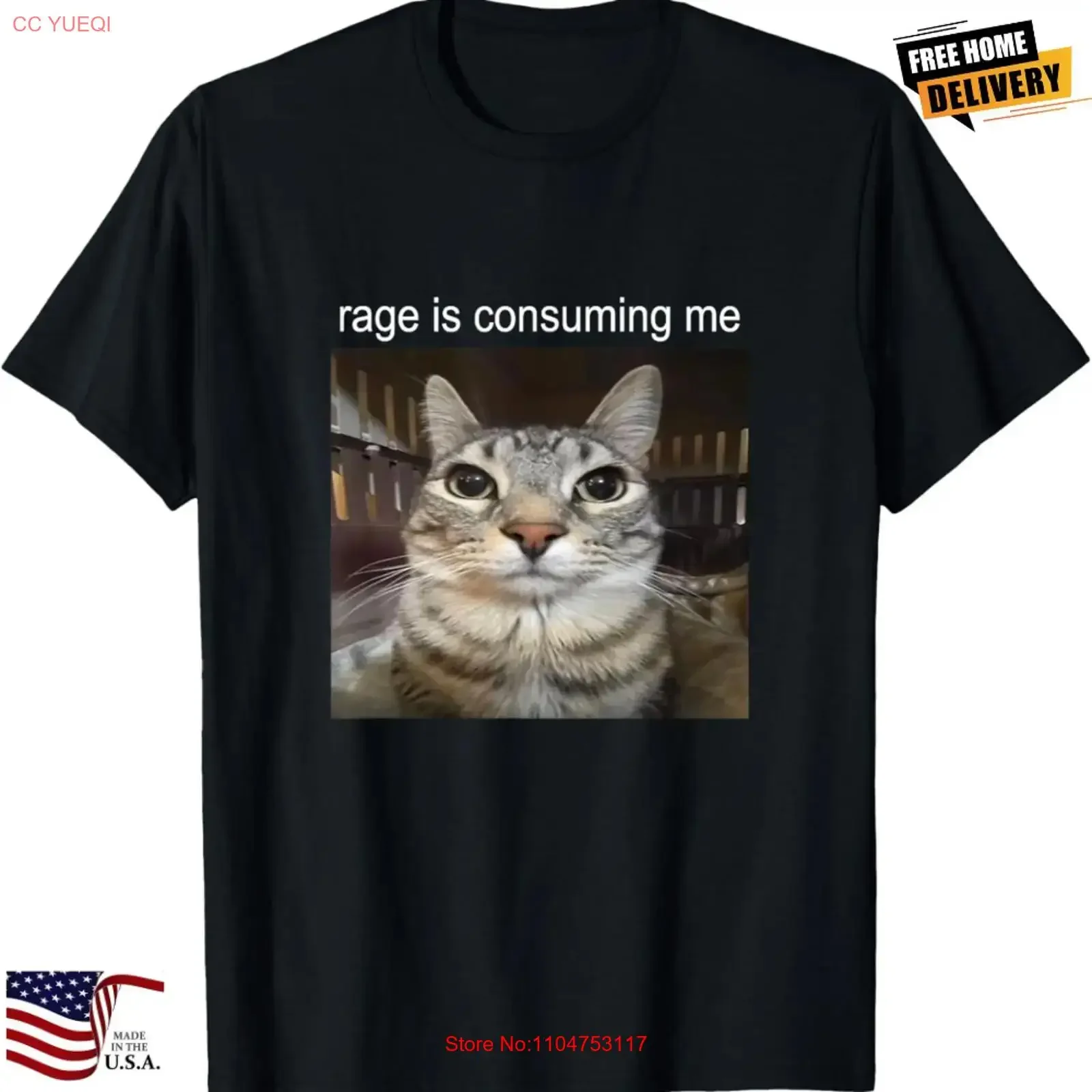 Rage Is Consuming Me Funny Silly Staring Cat Meme T Shirt long or short sleeves vintage Washed Casual Slightly Breathable
