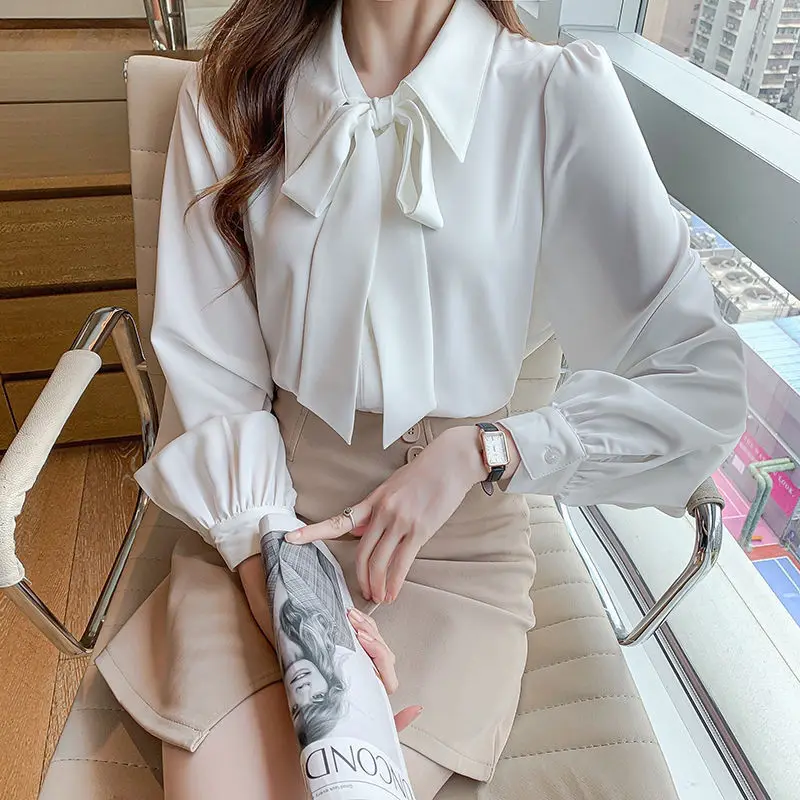 Autumn and Winter Casual Fashion Versatile Top Simplicity Lace Up Buttons Solid Color Long Sleeve Temperament Commuter Shirt