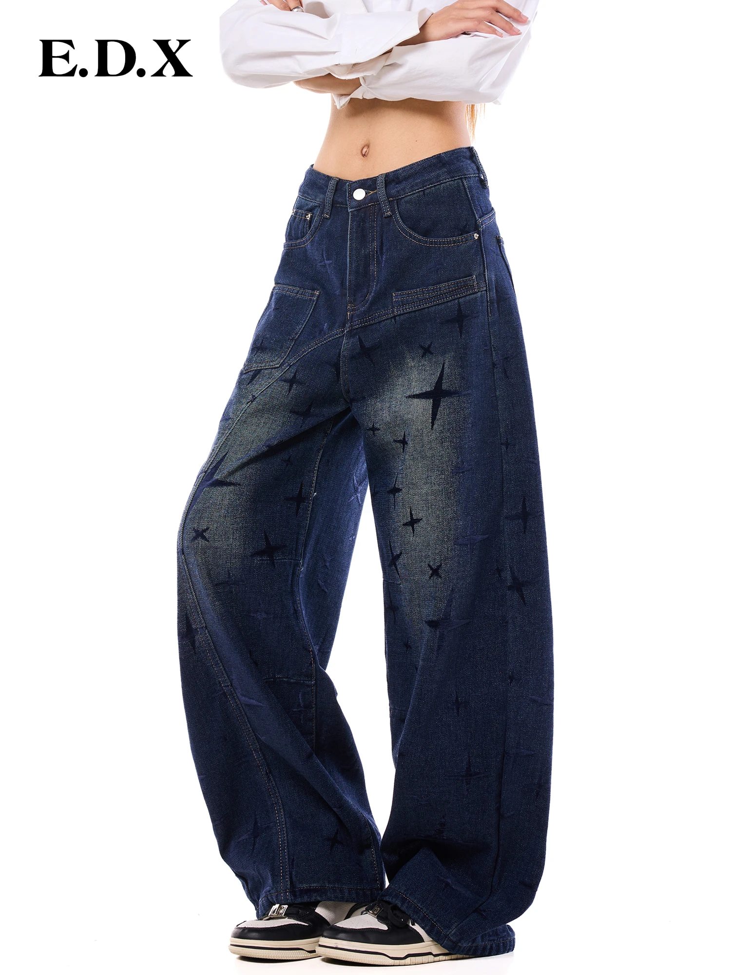 Blue Casual Wide Leg Jeans Women's Autumn Winter Star Embroidery Deconstructed Patchwork Loose Fit Casual Denim Trousers