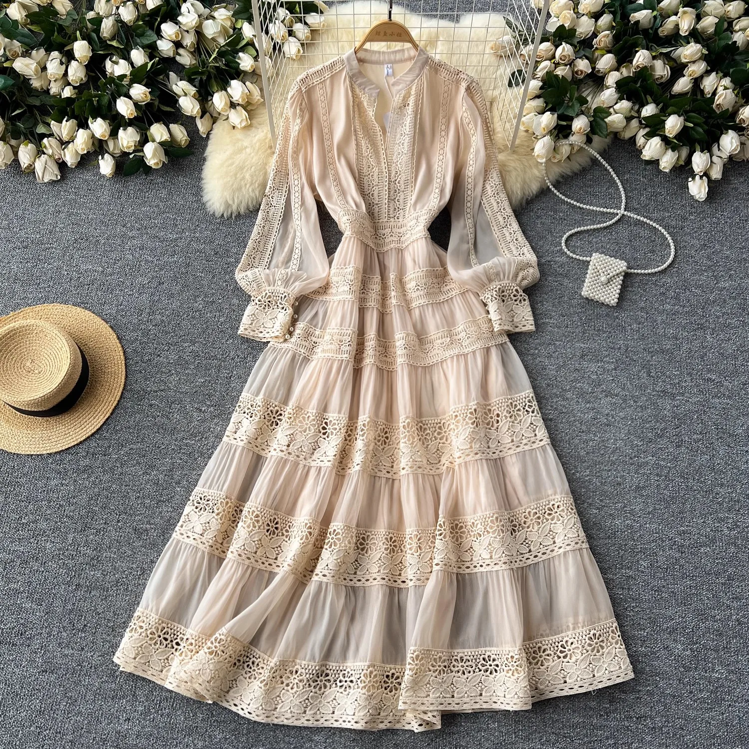 Spring Summer Elegant Lace Embroidery Splicing Maxi Dress Women's V-Neck Lantern Sleeve Hollow Out Slim Long Party Robe Vestidos