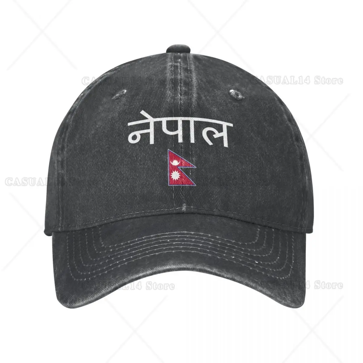 

Men Baseball Cap Nepal Flag and Font Charcoal Washed Denim Classic Vintage Cotton Dad Trucker Hat Unisex Adult