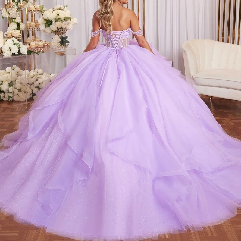 Light Lavender Quinceanera Dresses Off Shoulder Vestidos De 15 Años  Flower Beads Crystal Tull Formal Birthday Party Swee 16