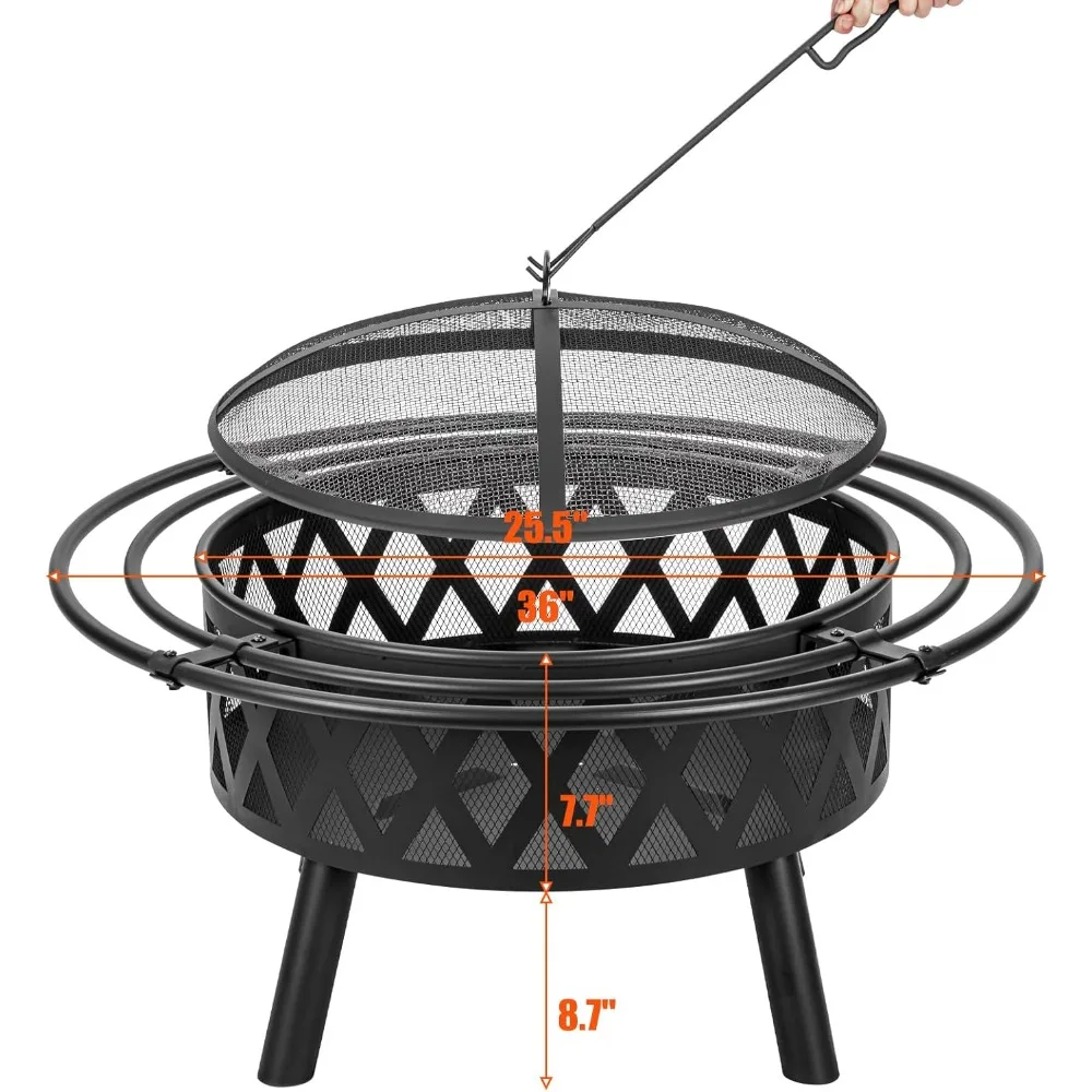 36 Cross-Woven Outdoor Fire Pit with Spark Screen and Fire Poker
