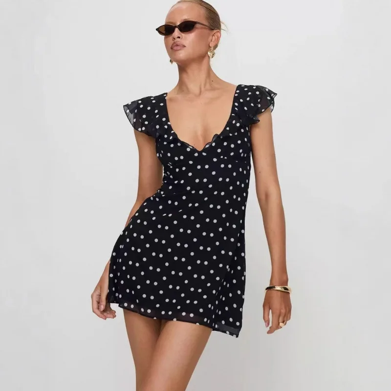 Princ Polly Spring Polka Dot V-ne  Dr with Pleated Waist Ties And Bell Sves Women's plus Size A-line Dr