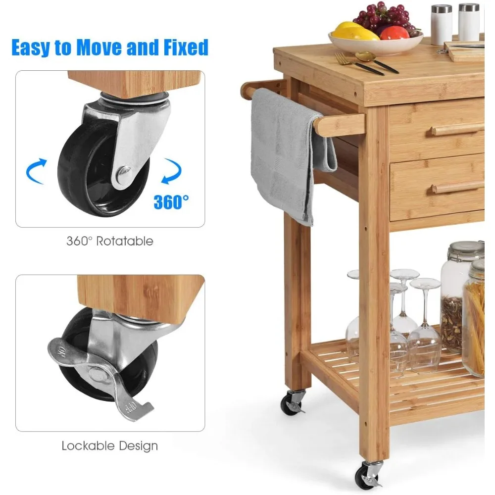 عربة مطبخ دوارة من الخيزران مع درجين، وبار المناشف، وعجلات العجلات