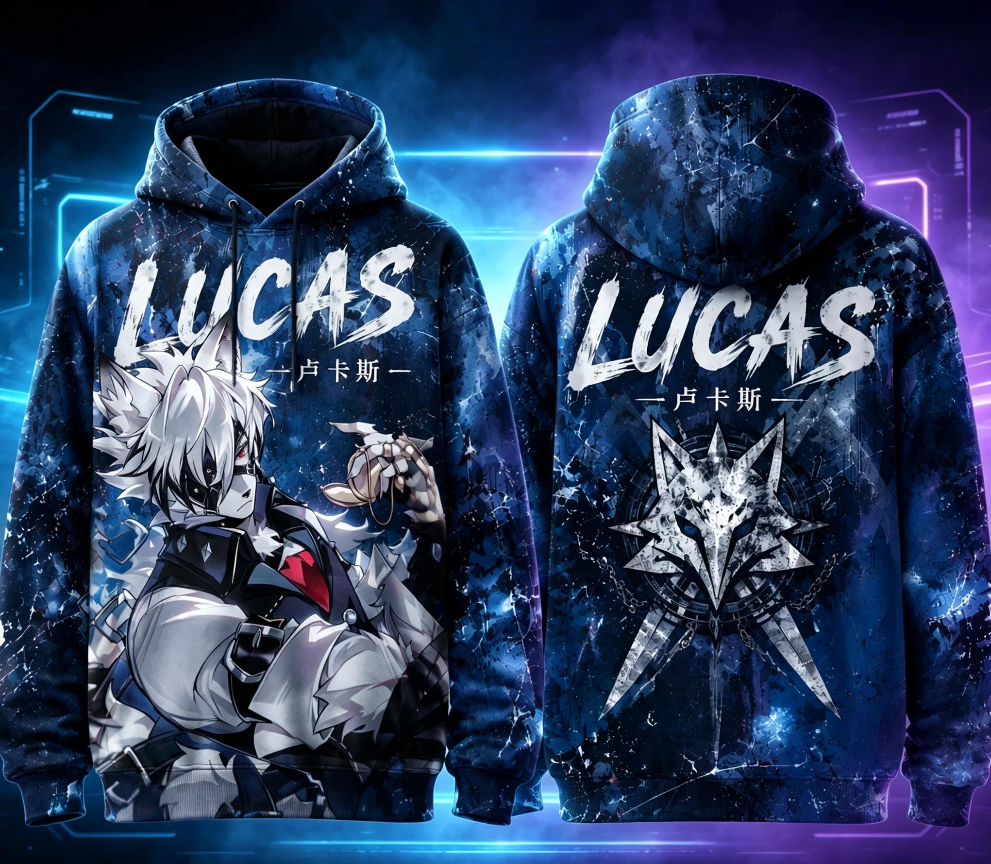 Dark Anime Wolf Character All‑Over Print Hoodie, Grunge Graphic Pullover Sweatshirt, Polyester Casual Hooded Tops For Men