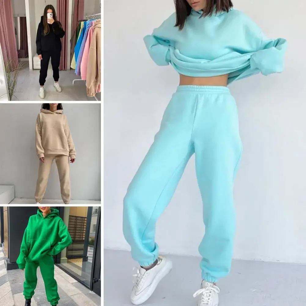 Spring Women\'s Sportswear 2pcs Women\'s Hooded Long Sleeve Elastic Tracksuits Long Pants Trousers Loose Top Casual Clothes S