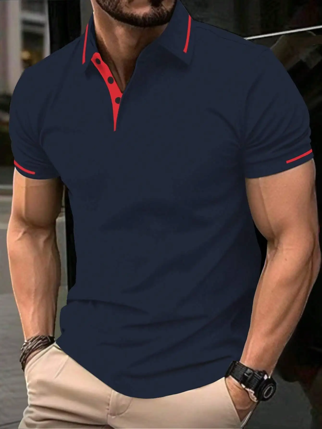 

Men's Navy Blue Short Sleeve Polo Shirt with Red Trim Collar and Cuffs
